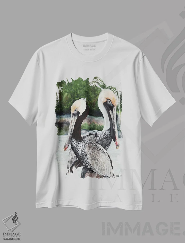 تیشرت سفید طرح دار یک جفت پلیکان، تزئینی اثر هنر و طراحی KAK | فروشگاه ایماژ