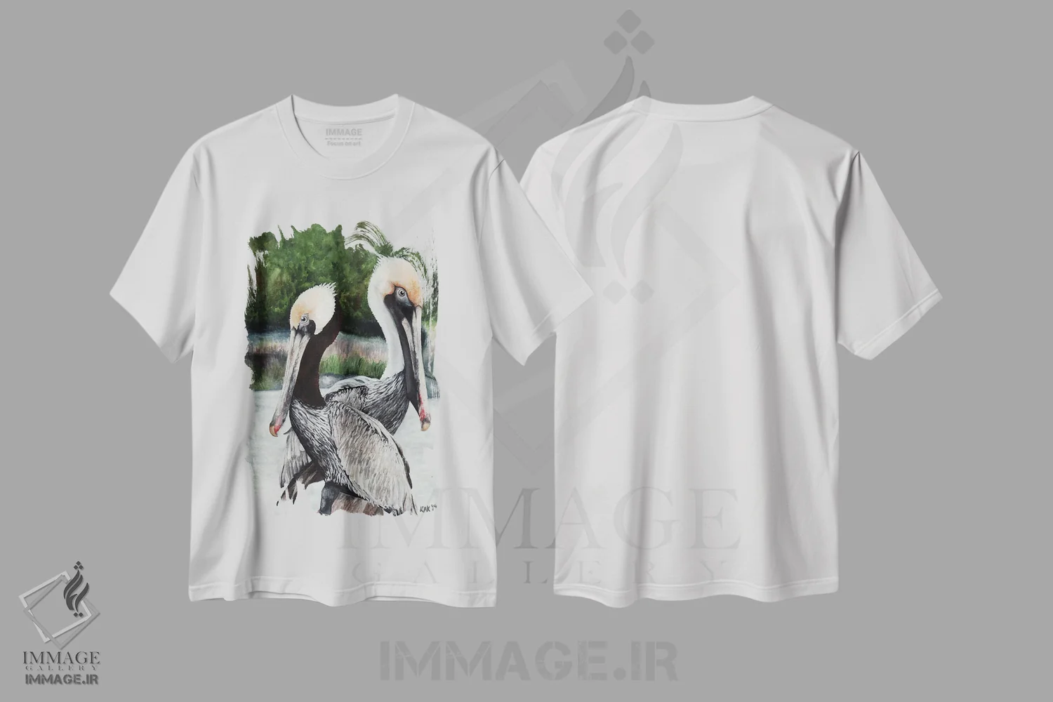 تیشرت سفید طرح دار یک جفت پلیکان، تزئینی اثر هنر و طراحی KAK | فروشگاه ایماژ