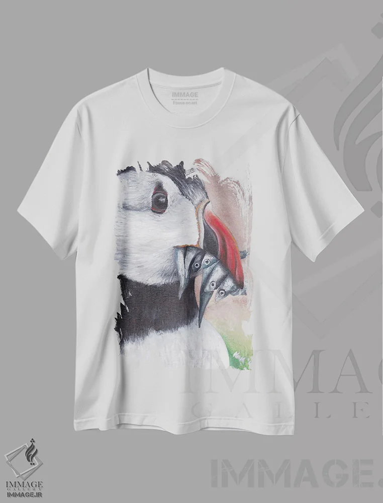 تیشرت سفید طرح دار پافین، تزئینی اثر هنر و طراحی KAK | فروشگاه ایماژ