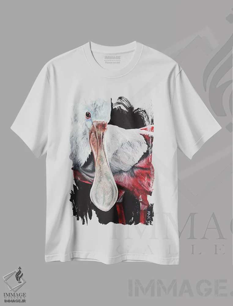 تیشرت سفید طرح دار منقار قاشقی، تزئینی اثر هنر و طراحی KAK | immage.ir