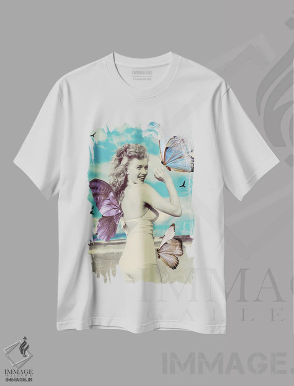 تیشرت سفید طرح دار سمفونی پروانه ها، عکاسی ترکیبی اثر کیکی سی لندن | فروشگاه ایماژ