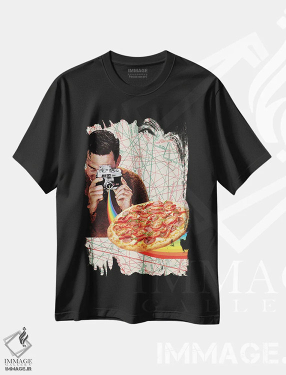 تیشرت مشکی طرح دار وسواس پیتزا، تزئینی اثر کیکی سی لندن | فروشگاه ایماژ