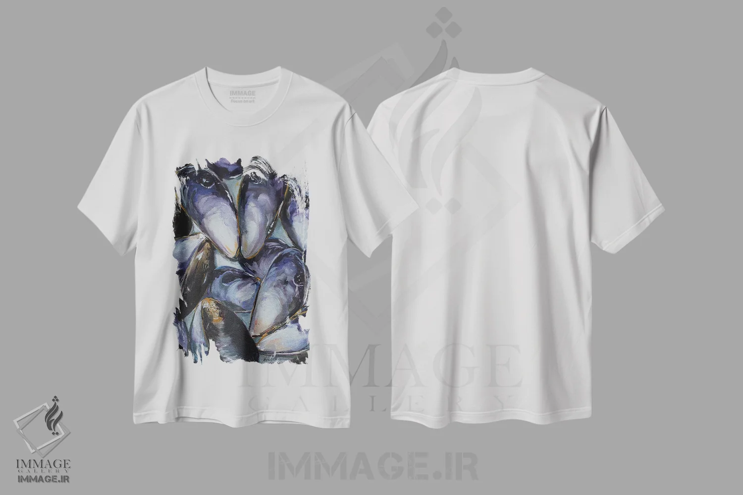 تیشرت سفید طرح دار پوسته صدف سیاه، هنر فاخر معاصر اثر کریستین کاینر | فروشگاه ایماژ