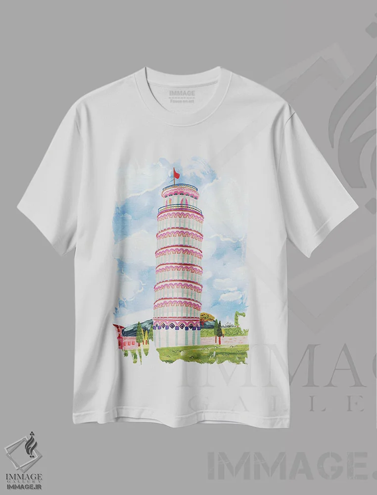 تیشرت سفید طرح دار برج کج پیزا، مدیوم اثر کارتیکا پارامیتا | فروشگاه ایماژ