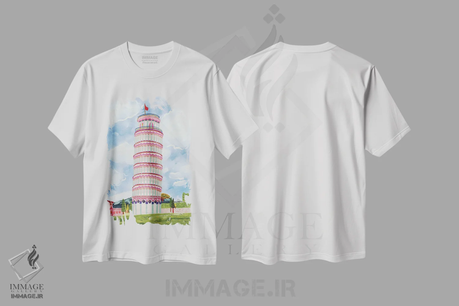 تیشرت سفید طرح دار برج کج پیزا، مدیوم اثر کارتیکا پارامیتا | فروشگاه ایماژ
