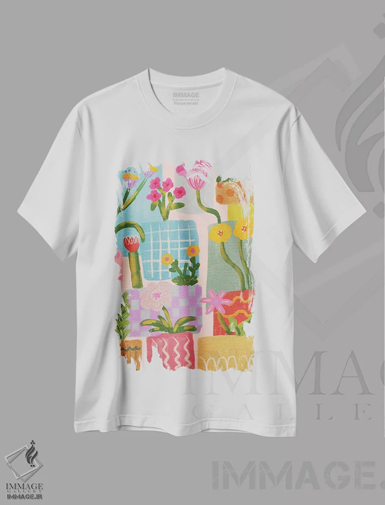 تیشرت سفید طرح دار طرح هندسی برجسته با گل، آبستره اثر کارتیکا پارامیتا | فروشگاه ایماژ