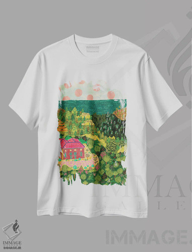 تیشرت سفید طرح دار در راه ساحل، دکور ساحلی اثر کارتیکا پارامیتا | فروشگاه ایماژ