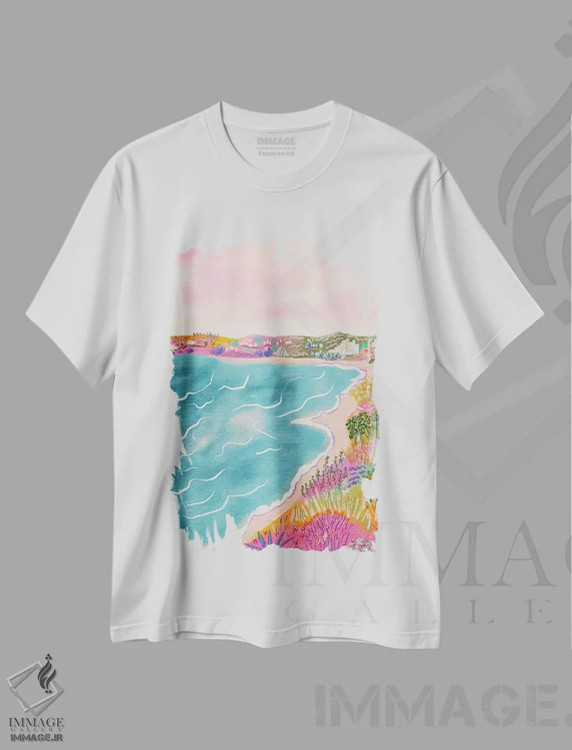 تیشرت سفید طرح دار منظره دریا، دکور ساحلی اثر کارتیکا پارامیتا | فروشگاه ایماژ