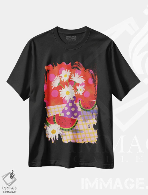 تیشرت مشکی طرح دار گل بابونه و هندوانه، تزئینی اثر کارتیکا پارامیتا | فروشگاه ایماژ
