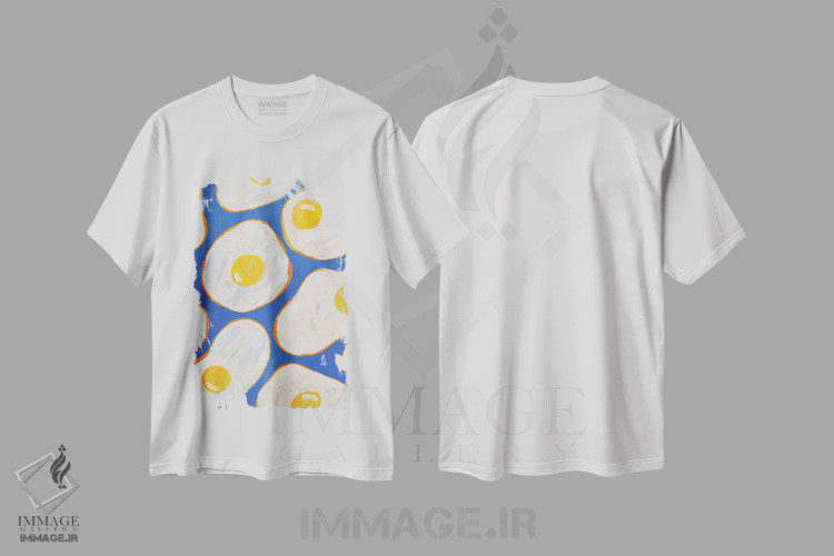تیشرت سفید طرح دار تخم مرغ نیمرو آبی، هنر فاخر معاصر اثر کارتیکا پارامیتا | فروشگاه ایماژ