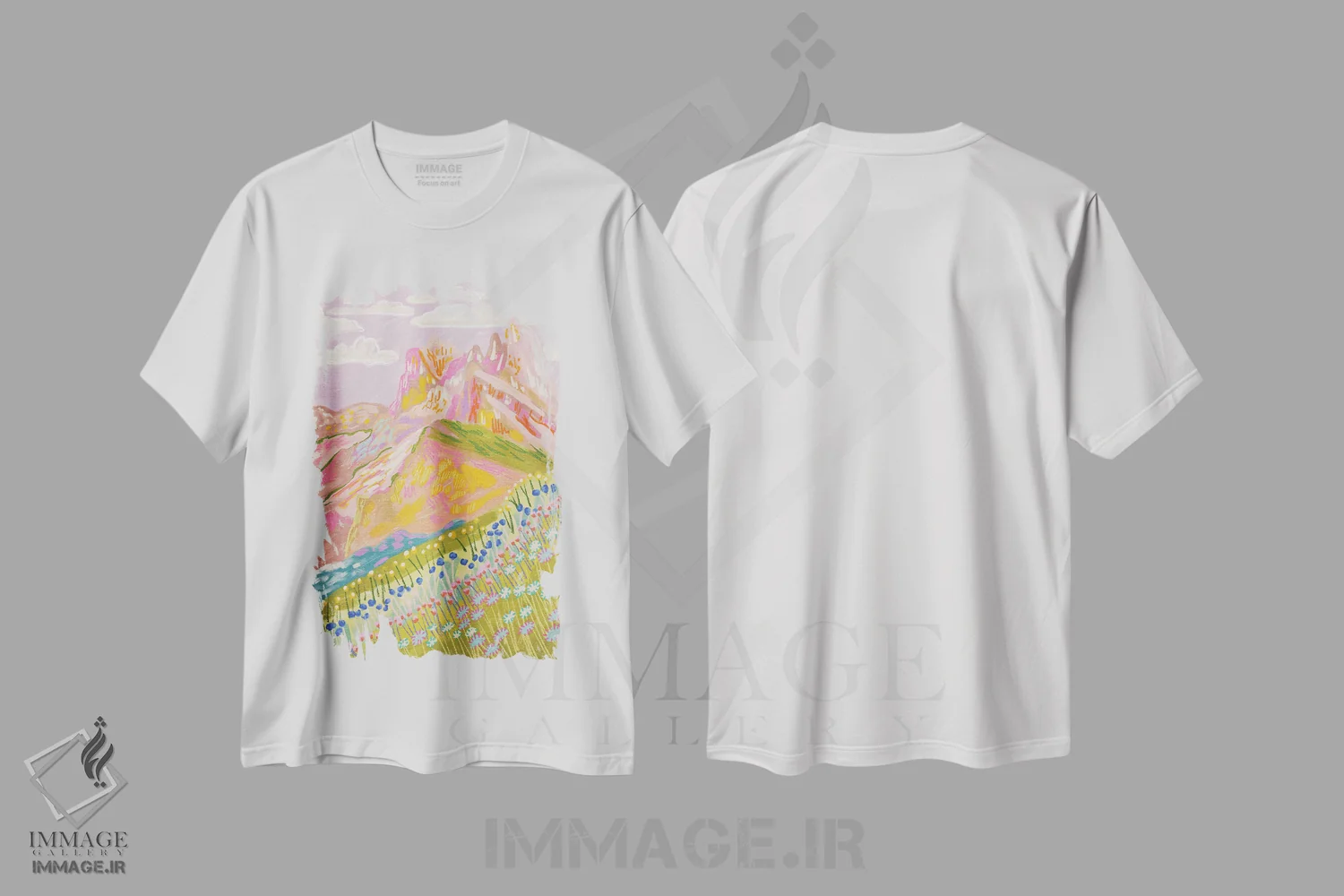 تیشرت سفید طرح دار کوه رنگارنگ در زمستان، دکور بوهمی اثر کارتیکا پارامیتا | فروشگاه ایماژ