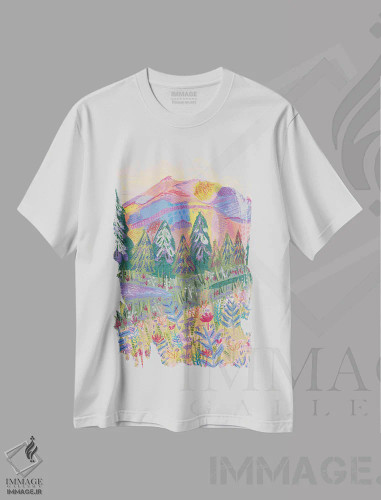 تیشرت سفید طرح دار کوه رنگارنگ، دکور بوهمی اثر کارتیکا پارامیتا | فروشگاه ایماژ
