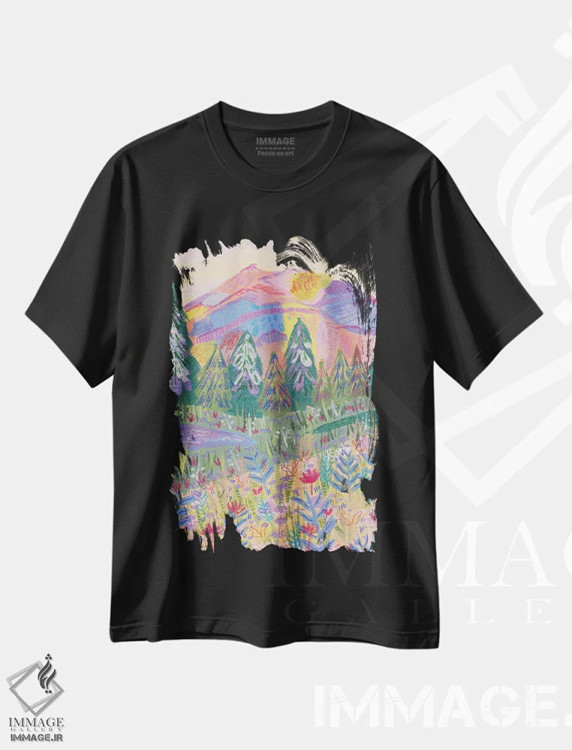 تیشرت مشکی طرح دار کوه رنگارنگ، دکور بوهمی اثر کارتیکا پارامیتا | immage.ir