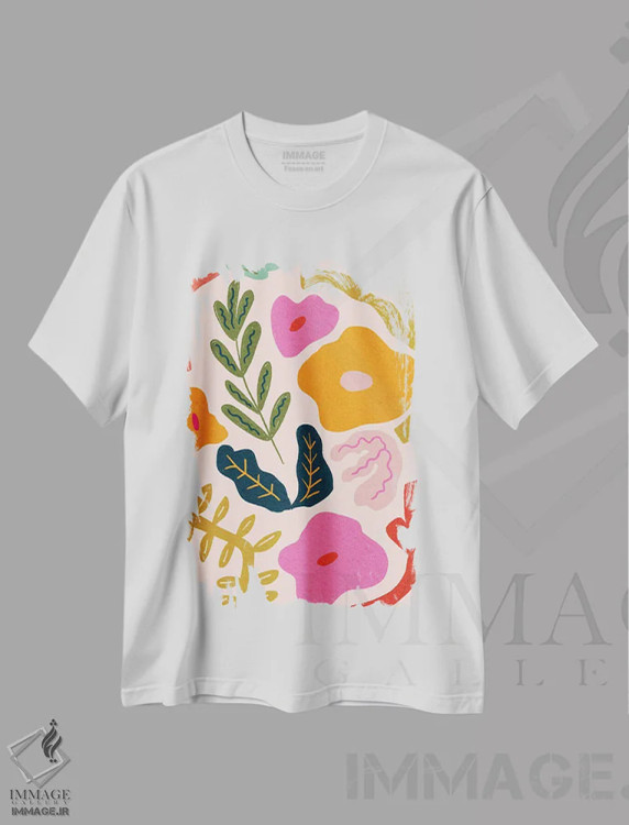 تیشرت سفید طرح دار گیاه شناسی انتزاعی رنگارنگ، آبستره اثر کارتیکا پارامیتا | فروشگاه ایماژ