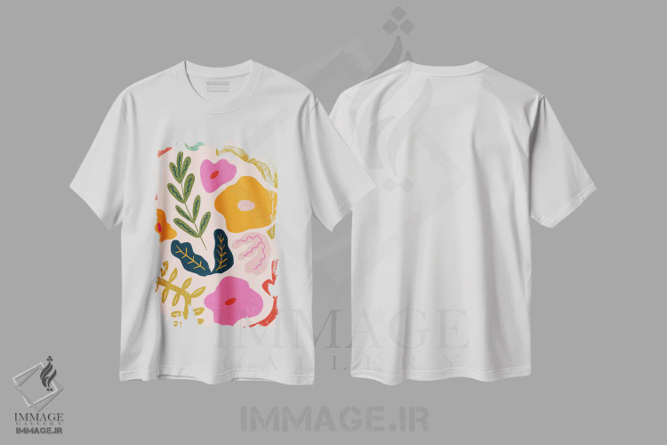تیشرت سفید طرح دار گیاه شناسی انتزاعی رنگارنگ، آبستره اثر کارتیکا پارامیتا | فروشگاه ایماژ