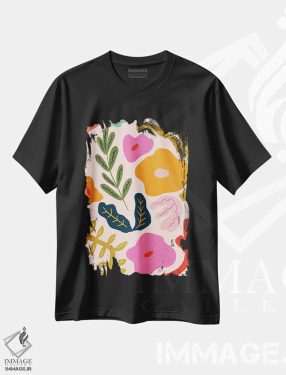 تیشرت مشکی طرح دار گیاه شناسی انتزاعی رنگارنگ، آبستره اثر کارتیکا پارامیتا | immage.ir