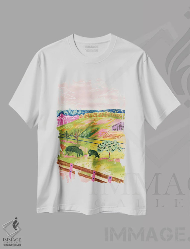 تیشرت سفید طرح دار محله سوئیسی، دکور بوهمی اثر کارتیکا پارامیتا | فروشگاه ایماژ
