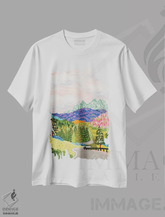 تیشرت سفید طرح دار آلپ دولومیت، دکور بوهمی اثر کارتیکا پارامیتا | فروشگاه ایماژ