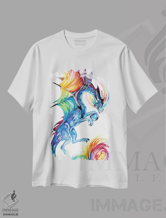 تیشرت سفید طرح دار پرواز اژدهای رنگین کمانی، تزئینی اثر کتی لیپسکامب | فروشگاه ایماژ