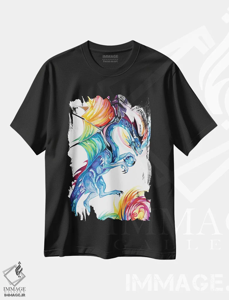 تیشرت مشکی طرح دار پرواز اژدهای رنگین کمانی، تزئینی اثر کتی لیپسکامب | immage.ir