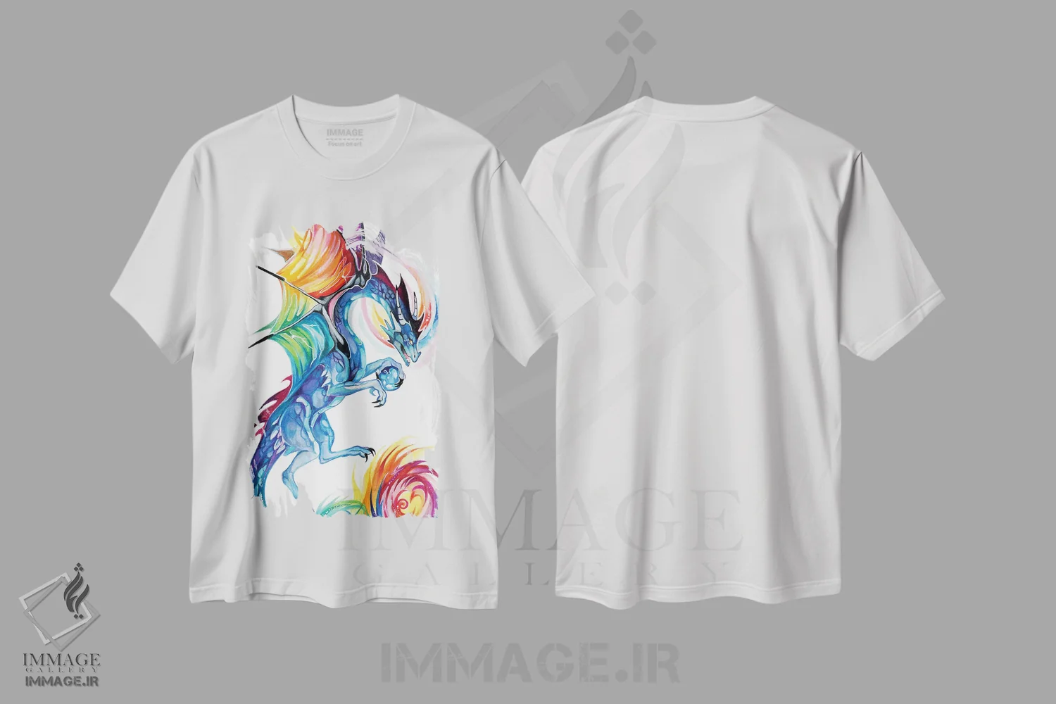 تیشرت سفید طرح دار پرواز اژدهای رنگین کمانی، تزئینی اثر کتی لیپسکامب | فروشگاه ایماژ
