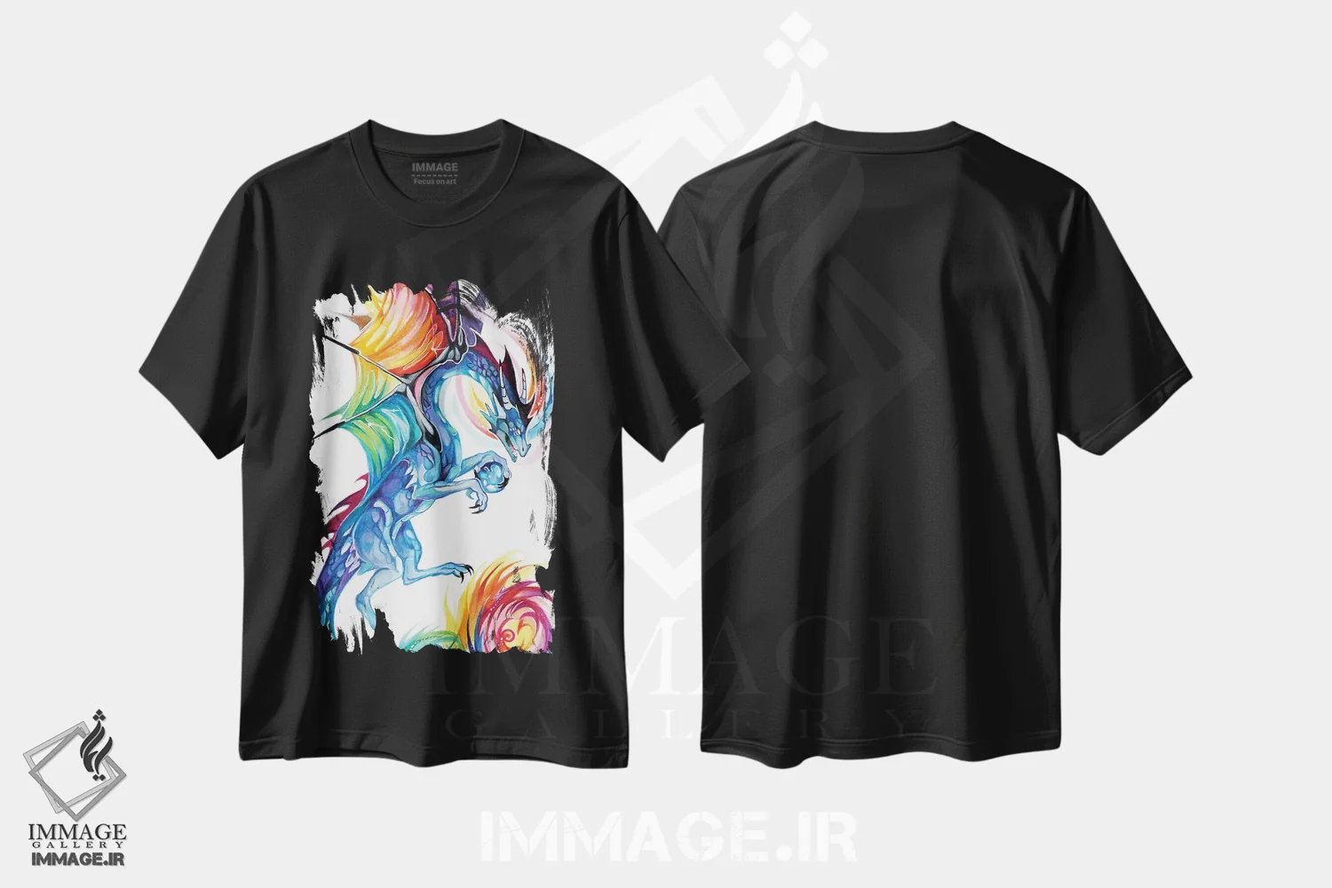 تیشرت مشکی طرح دار پرواز اژدهای رنگین کمانی، تزئینی اثر کتی لیپسکامب | immage.ir