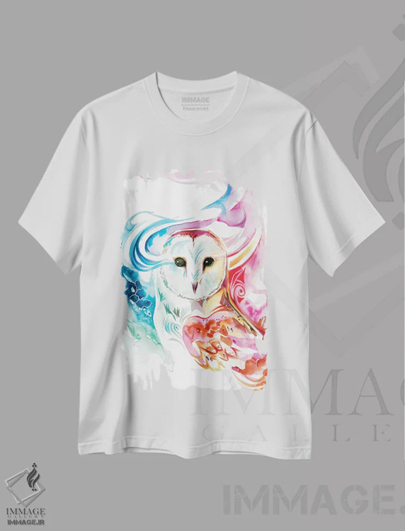 تیشرت سفید طرح دار جغد رنگین کمانی، تزئینی اثر کتی لیپسکامب | فروشگاه ایماژ
