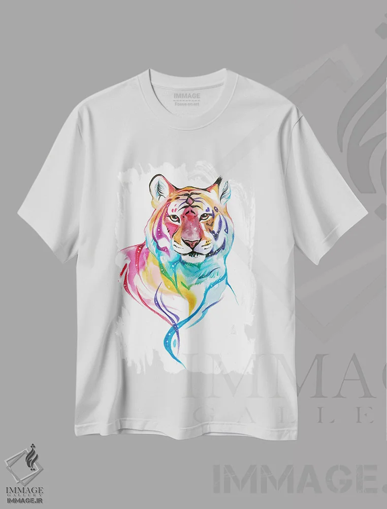 تیشرت سفید طرح دار ببر رنگین کمانی، تزئینی اثر کتی لیپسکامب | فروشگاه ایماژ