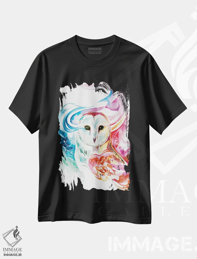 تیشرت مشکی طرح دار جغد رنگین کمانی، تزئینی اثر کتی لیپسکامب | immage.ir