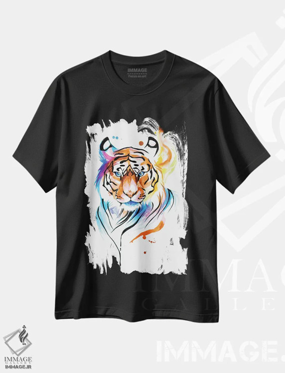 تیشرت مشکی طرح دار ببر رنگین کمانی، تزئینی اثر کتی لیپسکامب | فروشگاه ایماژ