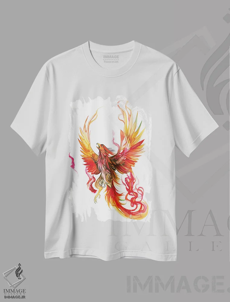 تیشرت سفید طرح دار برخاستن ققنوس، تزئینی اثر کتی لیپسکامب | فروشگاه ایماژ