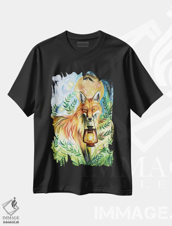 تیشرت مشکی طرح دار روباه فانوس دار، تزئینی اثر کتی لیپسکامب | فروشگاه ایماژ