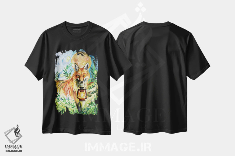 تیشرت مشکی طرح دار روباه فانوس دار، تزئینی اثر کتی لیپسکامب | فروشگاه ایماژ