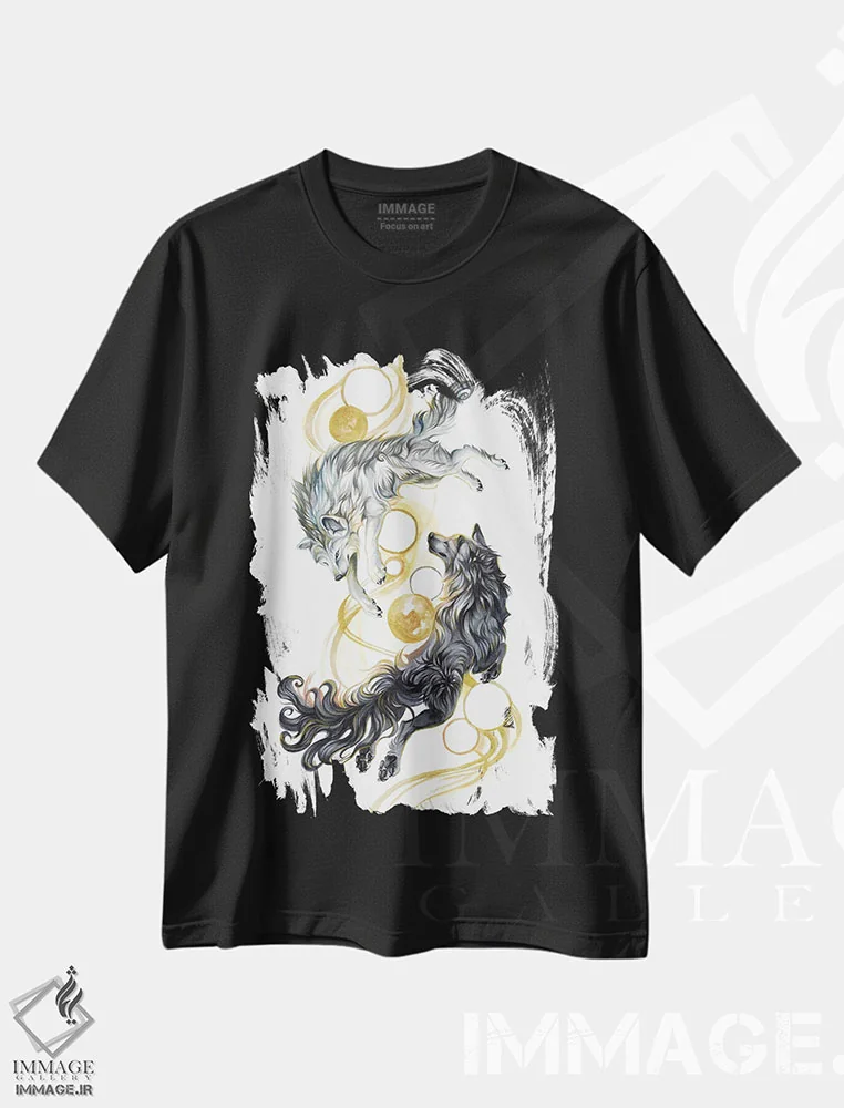 تیشرت مشکی طرح دار گرگ های طلایی، مدیوم اثر کتی لیپسکامب | immage.ir
