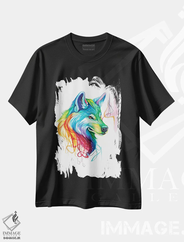 تیشرت مشکی طرح دار گرگ رنگارنگ، تزئینی اثر کتی لیپسکامب | فروشگاه ایماژ