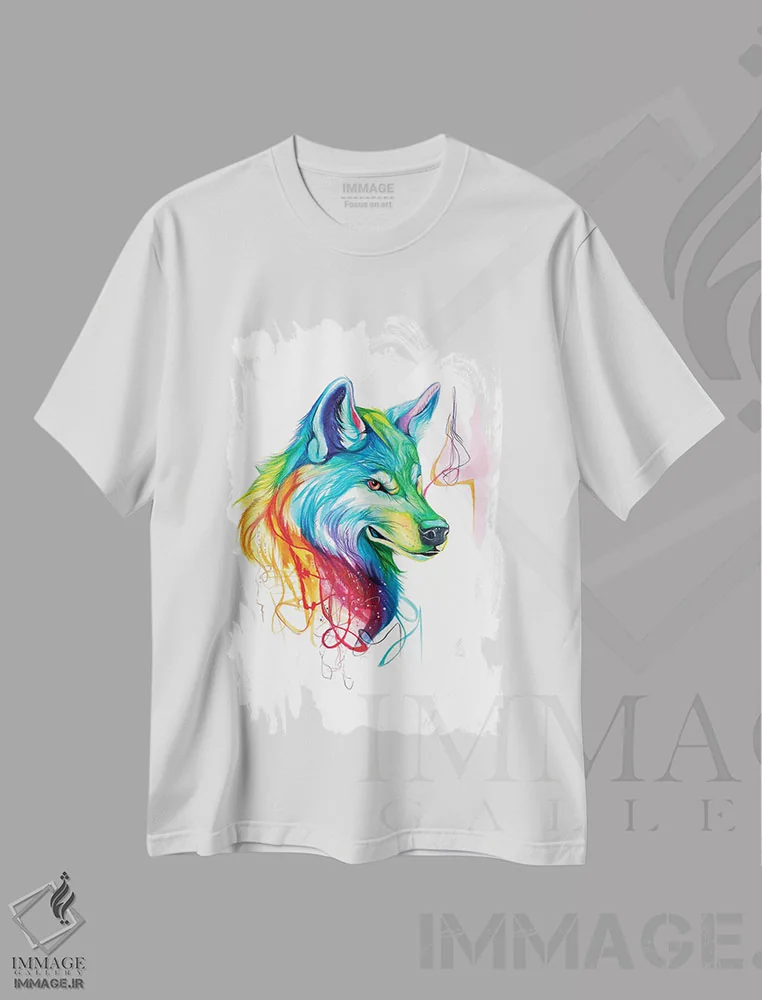تیشرت سفید طرح دار گرگ رنگارنگ، تزئینی اثر کتی لیپسکامب | immage.ir