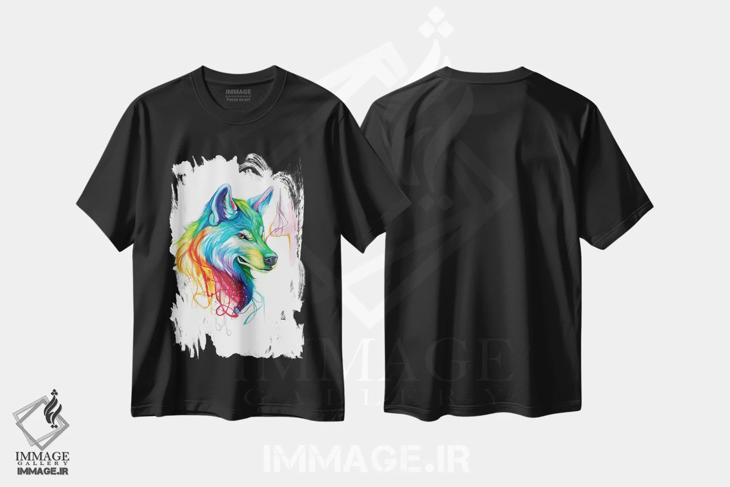 تیشرت مشکی طرح دار گرگ رنگارنگ، تزئینی اثر کتی لیپسکامب | فروشگاه ایماژ