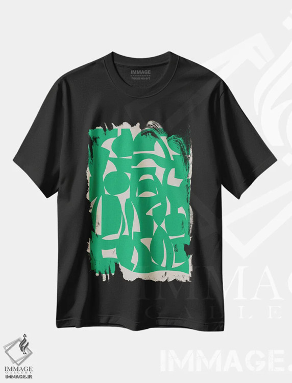 تیشرت مشکی طرح دار بریدن اشکال - سبز، آبستره اثر کارولینا کلینگ | فروشگاه ایماژ