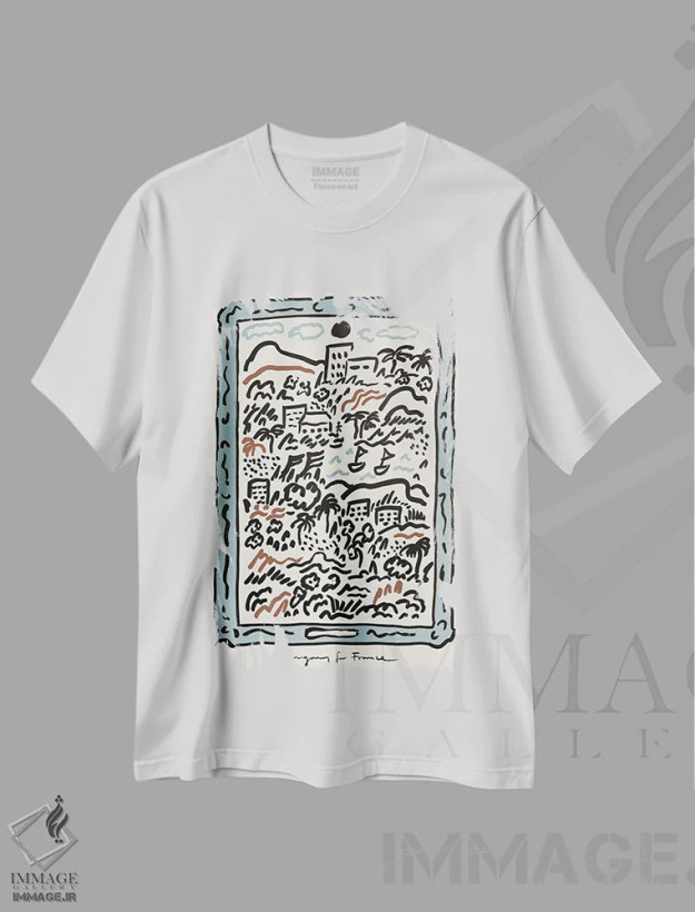 تیشرت سفید طرح دار جنوب فرانسه - کرم، تزئینی اثر کارولینا کلینگ | فروشگاه ایماژ
