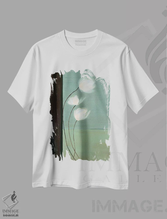 تیشرت سفید طرح دار نسیم آبی ۱، تزئینی اثر کارن لورنا پارکر | فروشگاه ایماژ