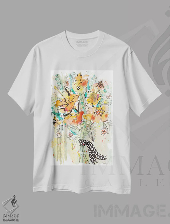 تیشرت سفید طرح دار گل های سبز و صورتی، دکور معاصر اثر کرینلاکس | فروشگاه ایماژ