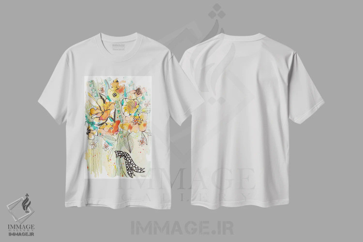 تیشرت سفید طرح دار گل های سبز و صورتی، دکور معاصر اثر کرینلاکس | فروشگاه ایماژ