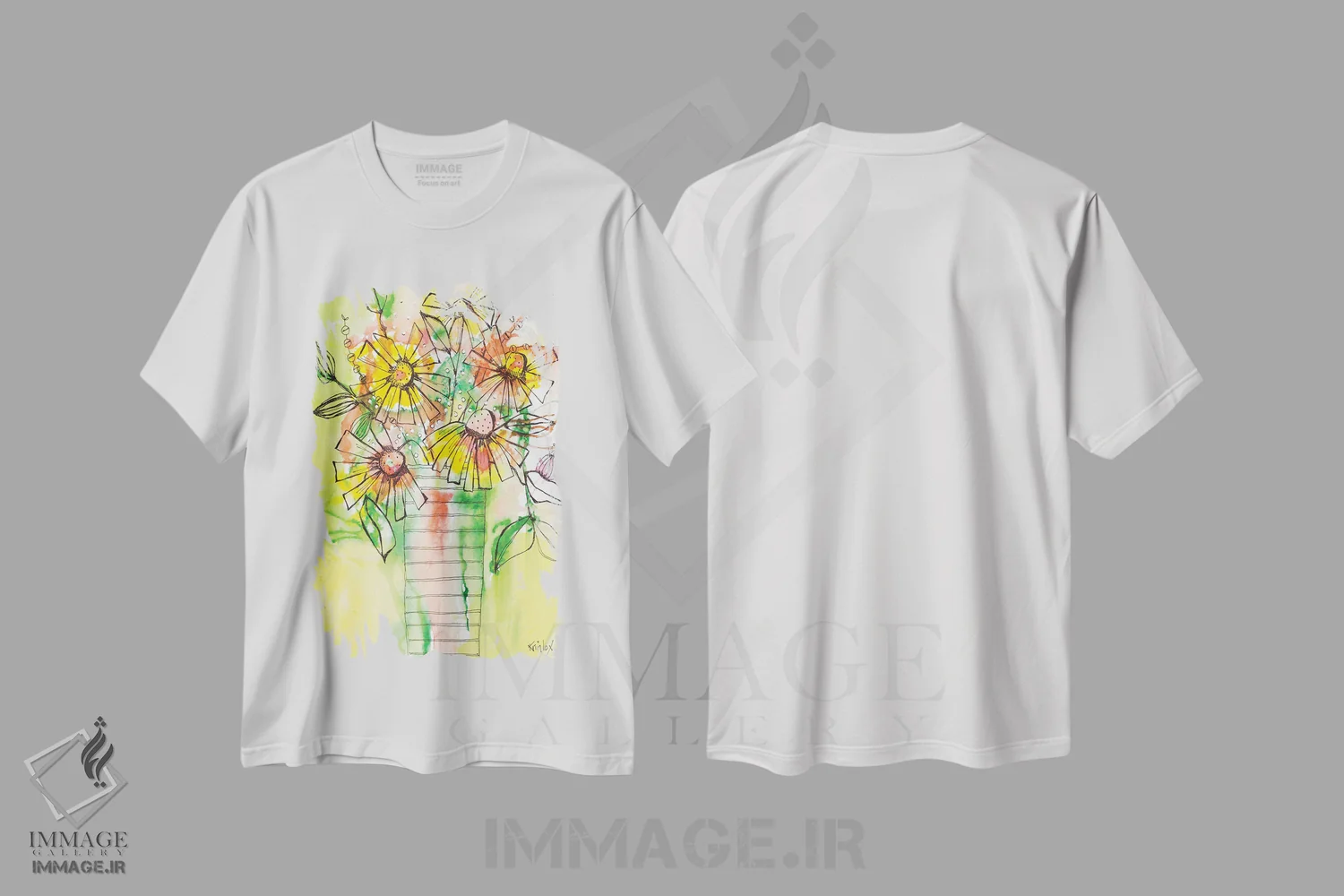 تیشرت سفید طرح دار گل های وحشی شکوفا در گلدان، دکور معاصر اثر کرینلاکس | فروشگاه ایماژ