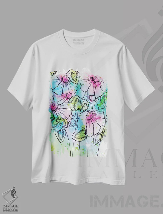 تیشرت سفید طرح دار شکوفه ها و فوران های پرطراوت، دکور معاصر اثر کرینلاکس | فروشگاه ایماژ