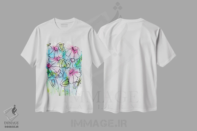 تیشرت سفید طرح دار شکوفه ها و فوران های پرطراوت، دکور معاصر اثر کرینلاکس | فروشگاه ایماژ
