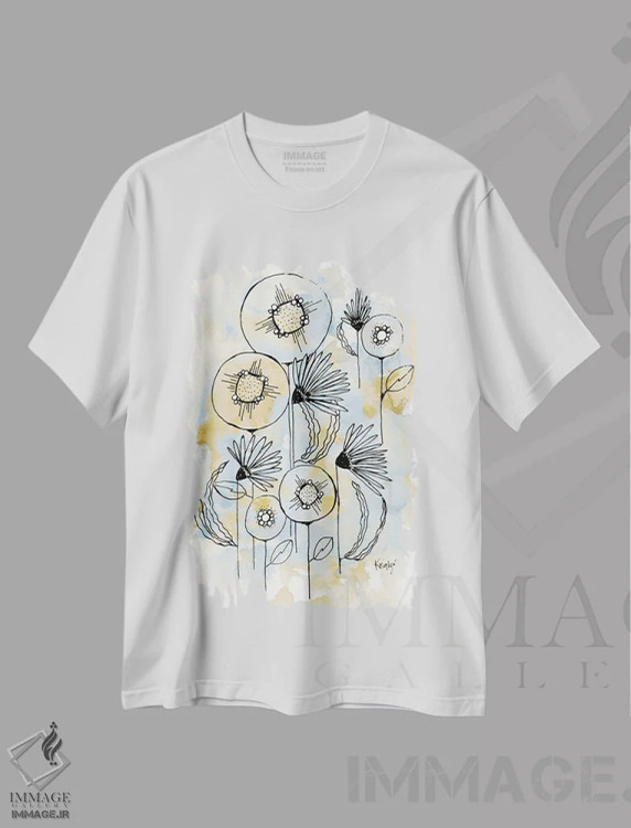 تیشرت سفید طرح دار شکوفه های زرد و آبی ۱، دکور معاصر اثر کرینلاکس | فروشگاه ایماژ