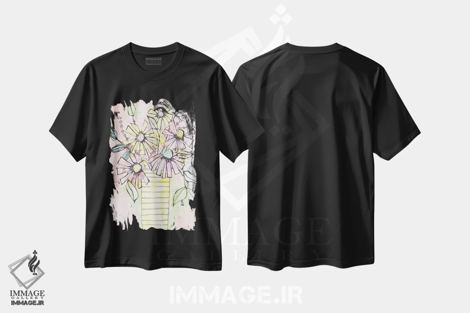 تیشرت مشکی طرح دار گلدان گل های وحشی، دکور معاصر اثر کرینلاکس | فروشگاه ایماژ