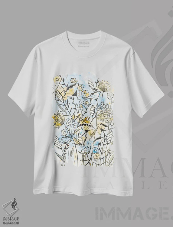 تیشرت سفید طرح دار شکوفه های زرد و آبی ۲، دکور معاصر اثر کرینلاکس | immage.ir