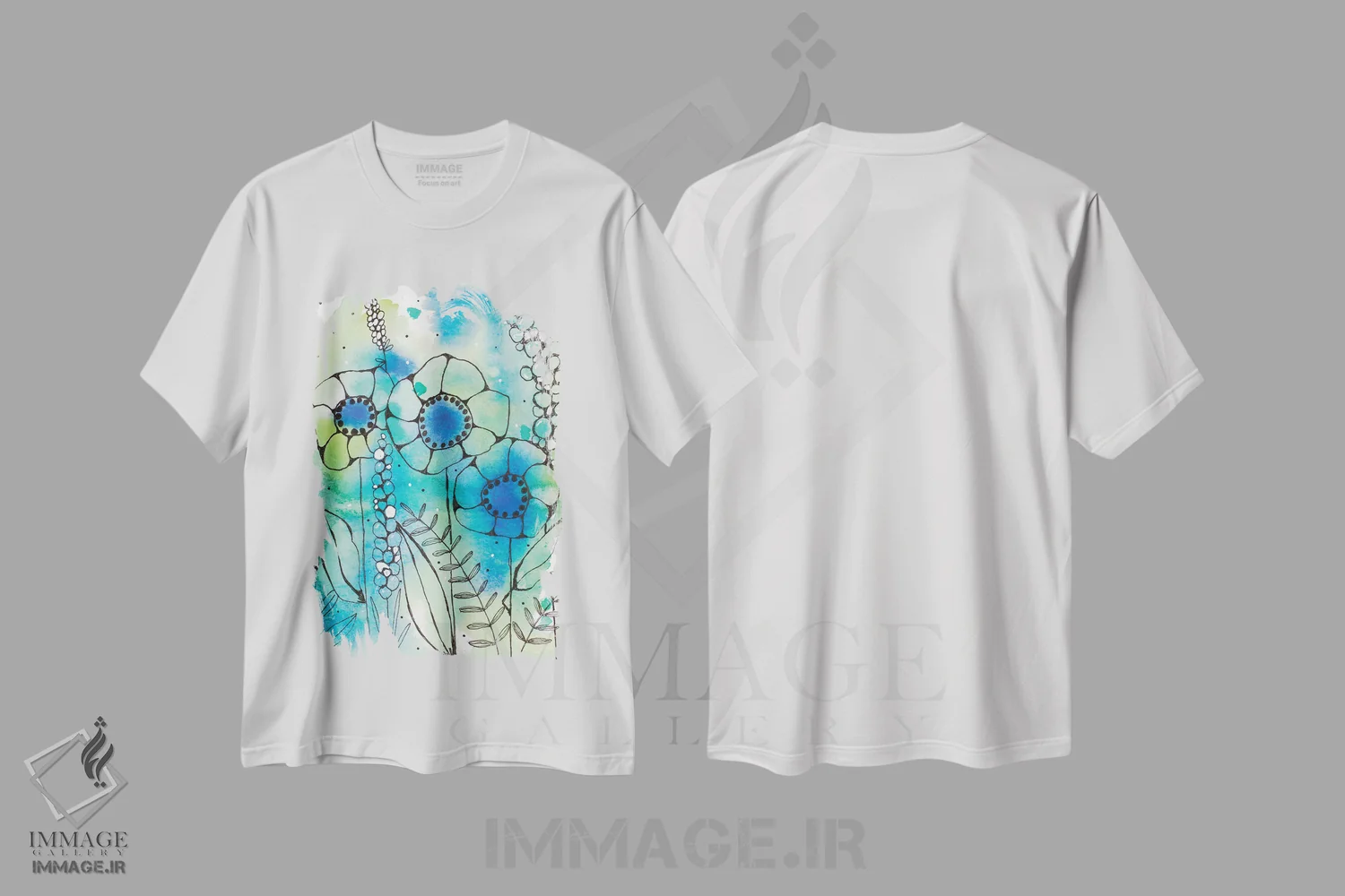 تیشرت سفید طرح دار گل های وحشی آبرنگی آبی ۱، تزئینی اثر کرینلاکس | فروشگاه ایماژ