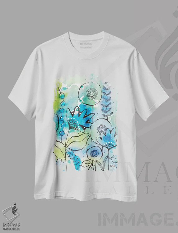 تیشرت سفید طرح دار گل های وحشی آبرنگی آبی ۲، تزئینی اثر کرینلاکس | immage.ir